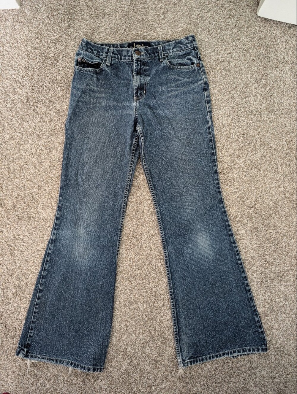 Vtg‎ 90s Y2K L.E.I. Mid Rise Flare Jeans Women’s Sz S- Mid Wash Blue Distressed